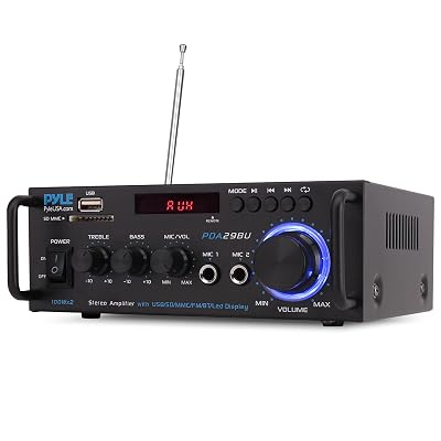 Pyle 200W Bluetooth Compact Power Amplifier - Wireless 2 Channel Audio Receiver with Dual Karaoke Mic Input - RCA - USB-A + SD Card MP3 Player - FM Radio - AUX In - Remote Control - PDA29BU