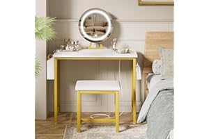 KAI-ROAD Makeup Vanity Desk with Mirror and Lights - Small White Gold Vanity Table with Chair, Power Outlet, Modern Make Up Vanitys Desks Set, Dressing Table for Girls Bedroom