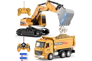 MQDMINI Remote Control Excavator and Dump Truck Toy Set - RC Construction Vehicles Toy with Barricades, Road Signs, Simulated Rocks, Lights and Sounds, Present for Toddlers 3-12 Year Boys Girls