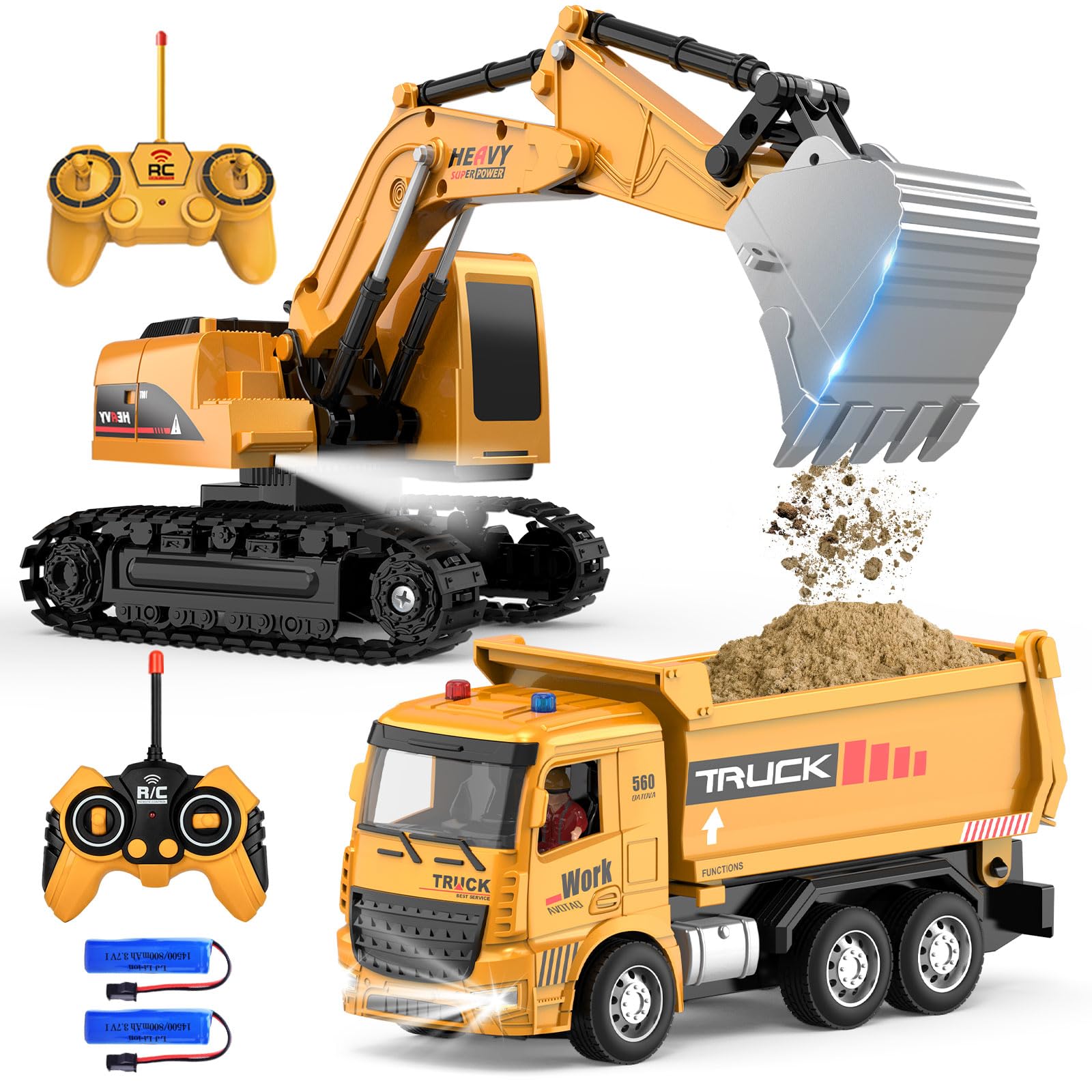 Photo 1 of MQDMINI Remote Control Excavator and Dump Truck Toy Set - RC Construction Vehicles Toy with Barricades, Road Signs, Simulated Rocks, Lights and Sounds, Present for Toddlers 3-12 Year Boys Girls