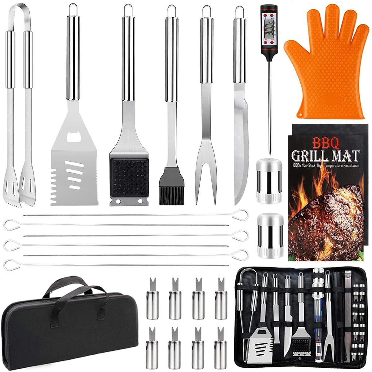 28PCS Stainless Steel BBQ Asccessories Tools Set, Practical Outdoor Grilling Utensils with Portable Case, Complete Barbecue Kit, for Men and Dads for Camping, Picnics, Cooking