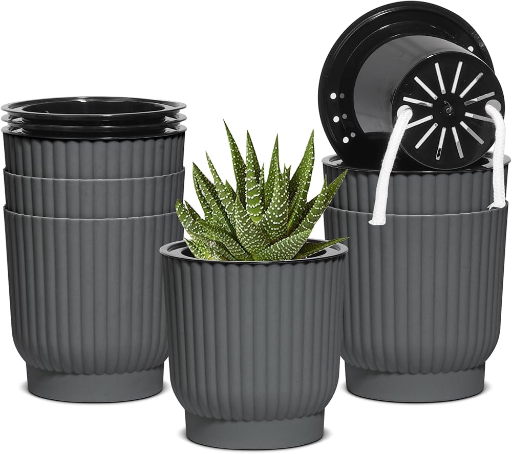 T4U 6 Pack 10cm Self Watering Plant Pots Indoor Grey Plastic