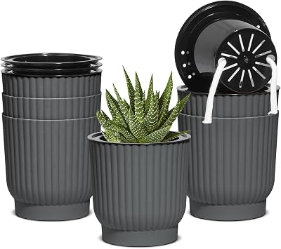 T4U 6 Pack 10cm Self Watering Plant Pots Indoor Grey Plastic