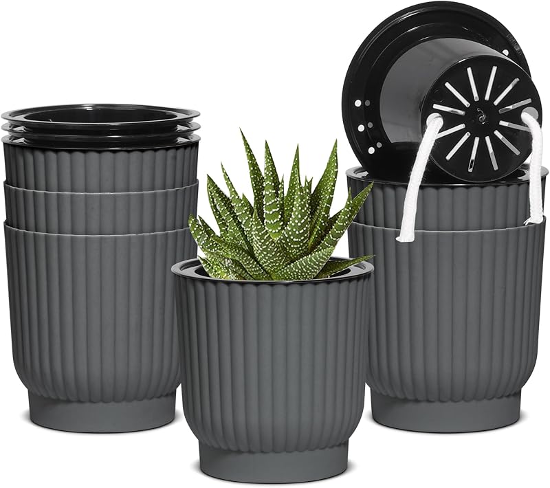 T4U 6 Pack 10cm Self Watering Plant Pots Indoor Grey Plastic