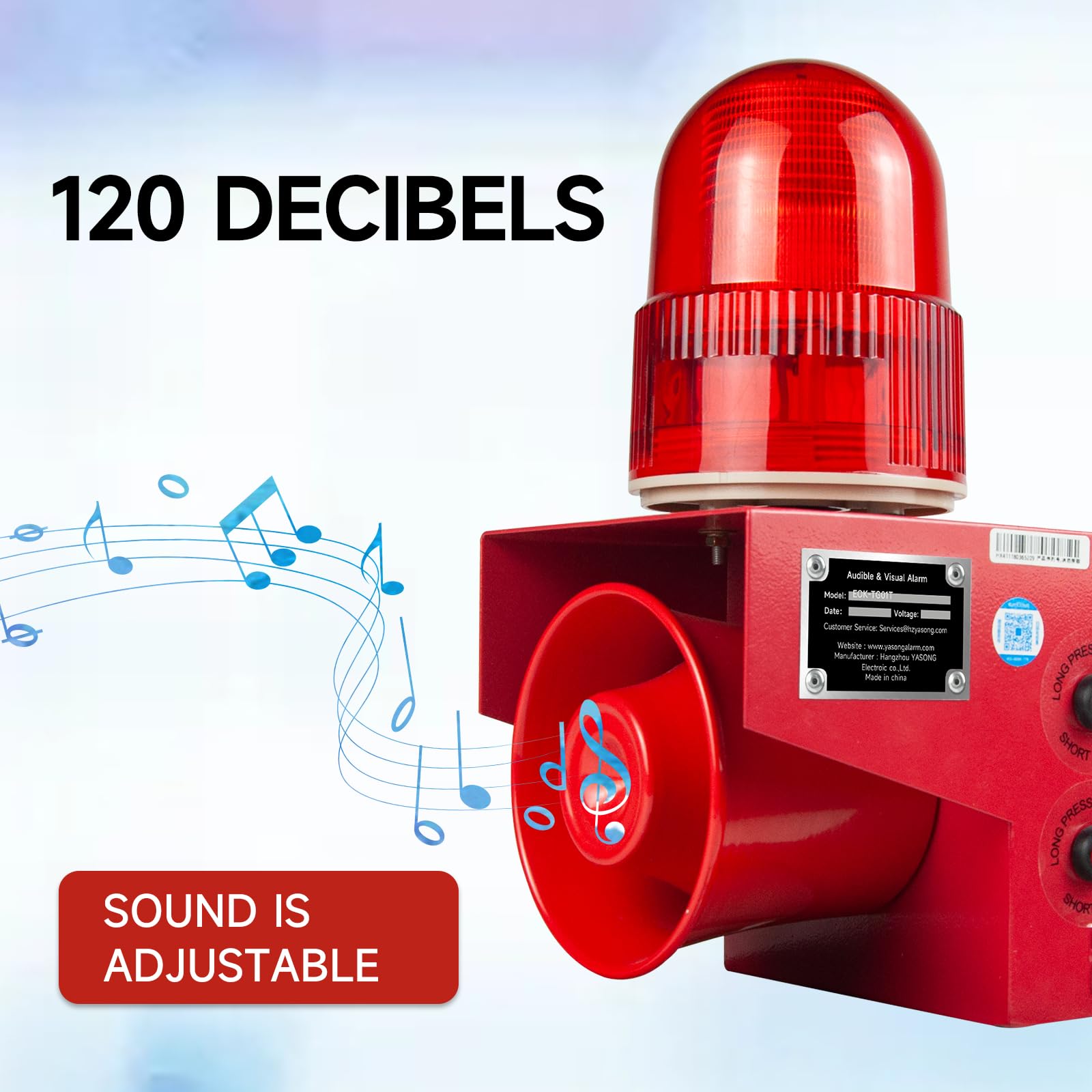 Alarm Siren with Strobe Light 120dB Sound 25W Outdoor Waterproof Emergency Security Siren with Adjustable Volume Tone (with Plug) AC110V-120V