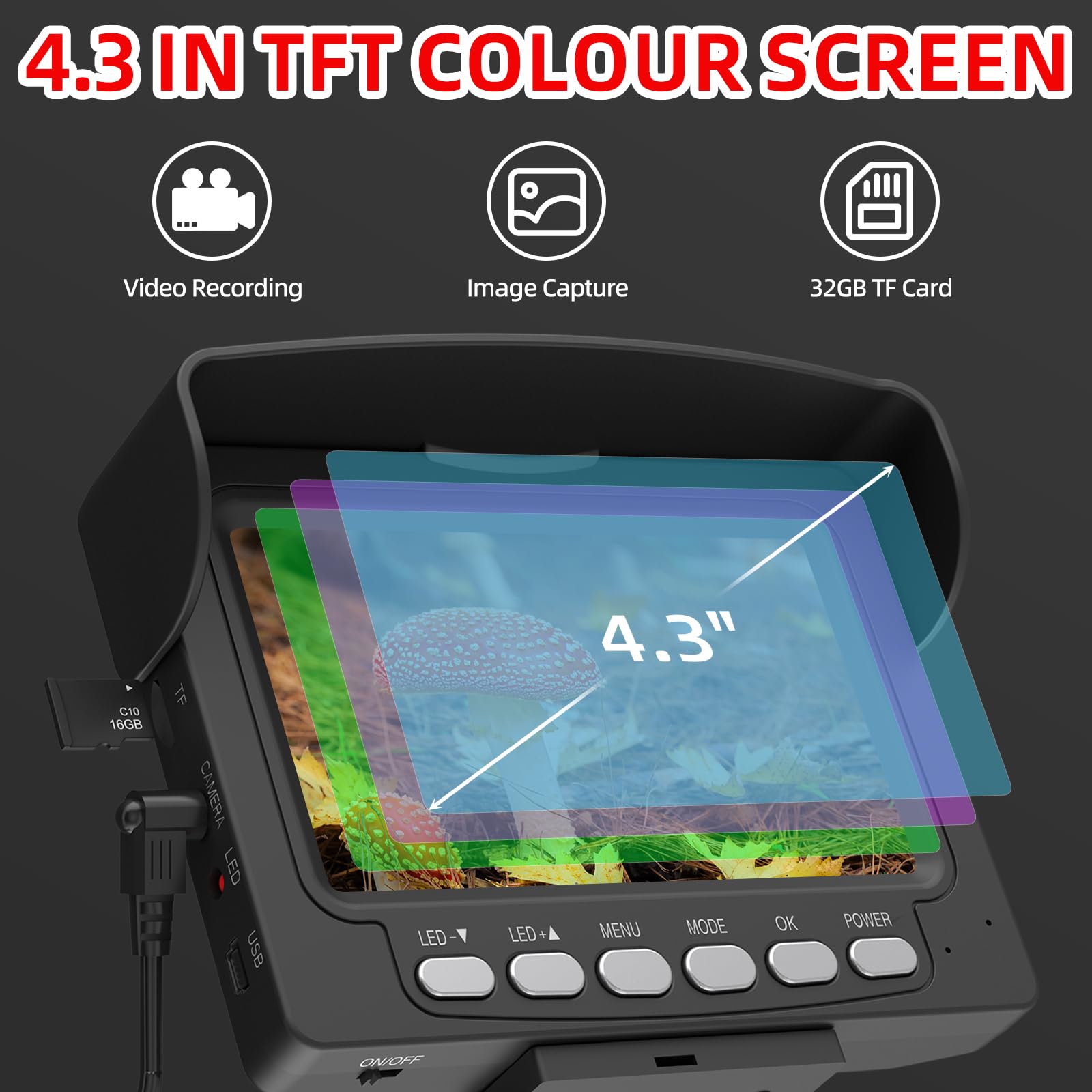 Rohrkamera 30M mit Licht, Sanyipace kanalkamera mit 4.3" Bildschirm, DVR & Audio Recorder, IP68 Wasserdicht Kanalinspektionskamera, 5600mAh Akku, Mikrofon, Inklusive 32GB TF-Karte 4