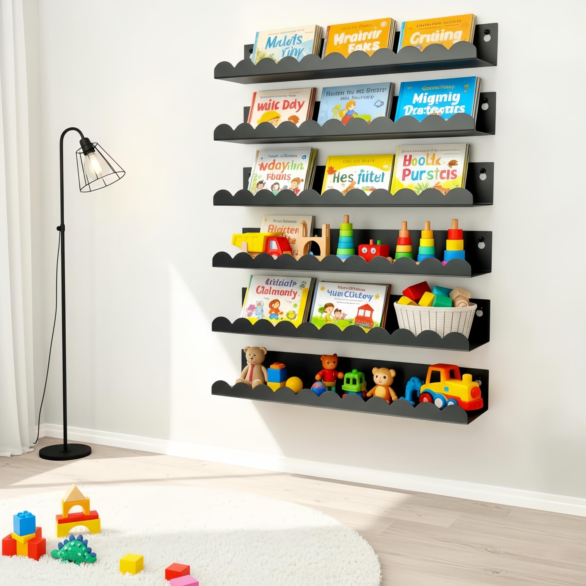 FESTLOVE Nursery Book Shelves Set of 6, Black Metal Floating Shelves for Wall, 16 Inch Scalloped Book Shelf for Kids Room, Bathroom, Bedroom, Playroom Wall Decor & Storage