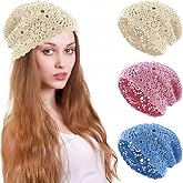 Women Cotton Crochet Hat Handmade Knit Floral Slouchy Beanie Hat Knitted Cutout Summer Skull Cap