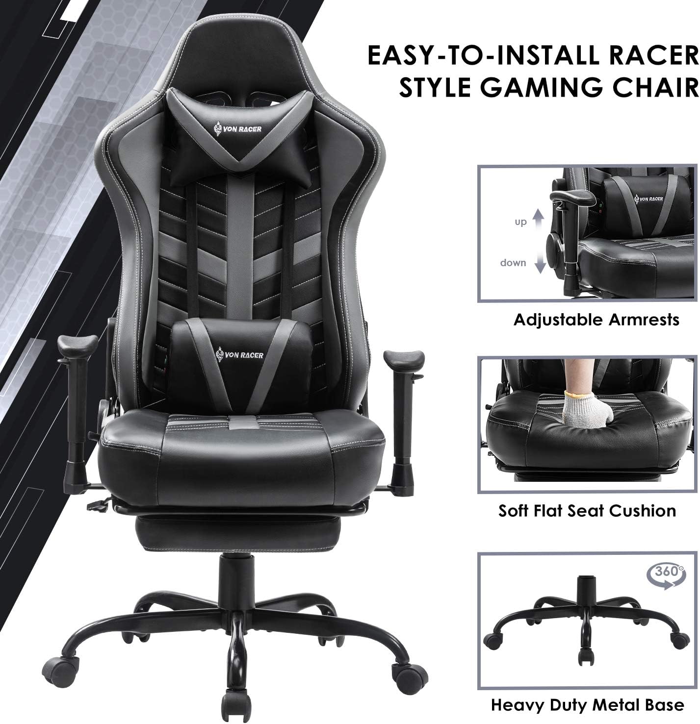 Van Racer Chaise VON RACER Gaming Chair with Footrest – Racing Computer Desk Office ...