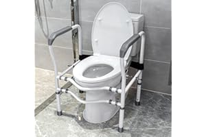 GYMAX Toilet Safety Frame & Rail, Adjustable Free-Assembly Medical Bathroom Assist Frame for Elderly with Rotatable Clip, Non