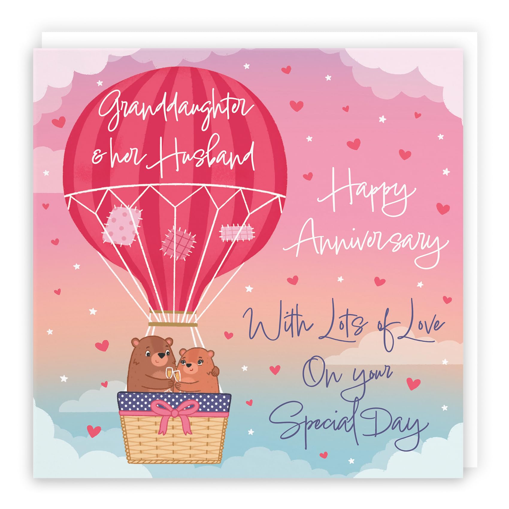 Hunts England - Granddaughter And Husband Hot Air Balloon Anniversary Card - Cute Bears Collection - Anniversary Card For Granddaughter And Husband - Champagne And Love Hearts — image 1