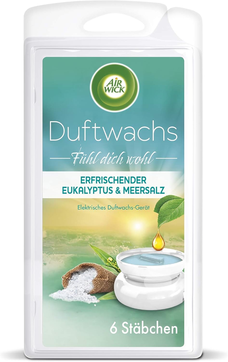 Air Wick Duftwachs – Nachfüller für das Air Wick Duftwachs-Gerät – Duft: Eukalyptus & Meersalz – Bis zu 120 Stunden Dufterlebnis – 1 x 6 Duftwachsstäbchen