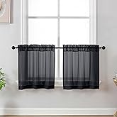 OWENIE Black Striped Cafe Curtains - 24 Inch Length Kitchen Curtains Tiers 2 Panels Set, Light Filtering Textured Short Semi Sheer Curtain for Bedroom Bathroom Basement Small Window, 2 Pcs Each 30" W