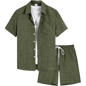 Men's Summer Casual Two-Piece Shorts with Pockets and Short Sleeve Button Down Shirt Set
