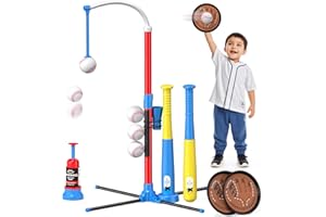 QDRAGON 4 in 1 Tball Set for Toddlers 3-5 with Toss and Catch Ball Set/ 2 Bats, Hanging Tee Ball Stand with Auto Pitching Machine, Indoor Outdoor Sport Toys Christmas Birthday Gifts for Boys Girls