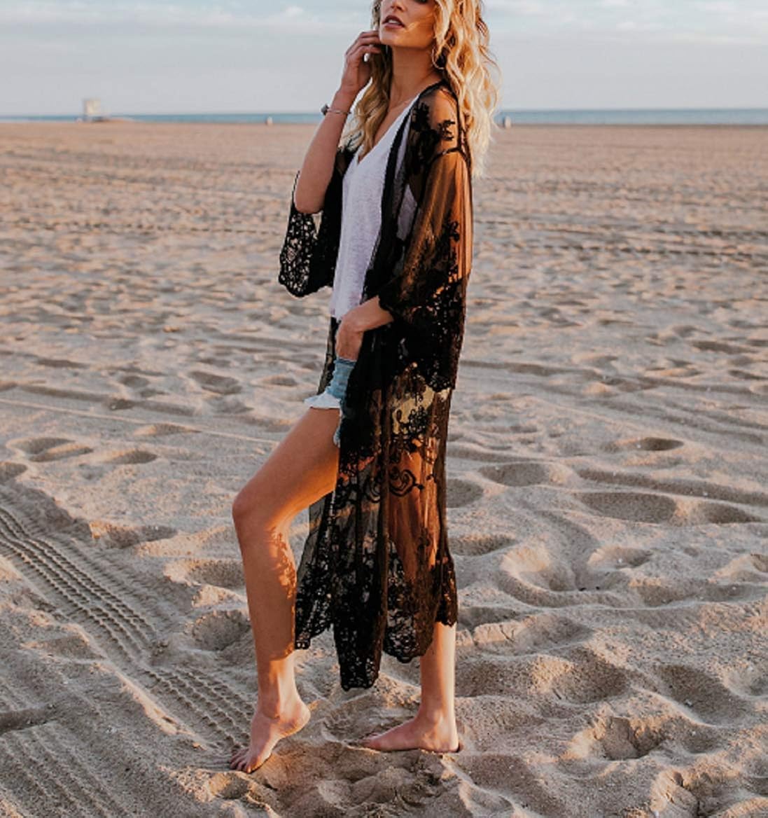 Women’s Bathing Suit Kimono Beach Cover Up Lace Crochet Pool Swimwear (Black) at  Women’s Clothing store
