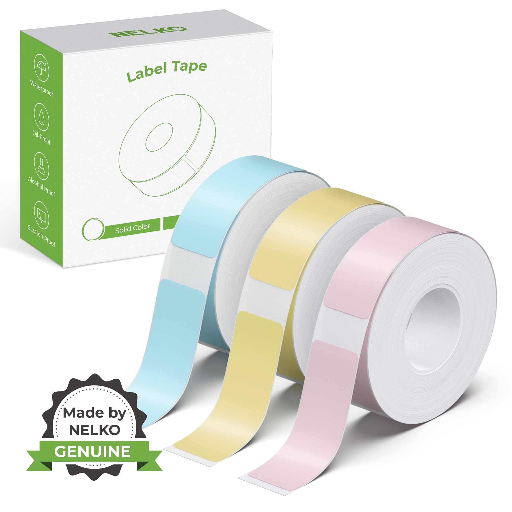 NELKO Genuine P21 Label Maker Tape, Adapted Label Print Paper, 12x40mm (0.47"x1.57"), Standard Laminated Office Labeling Tape Replacement, Multipurpose of P21, 180 Tapes/Roll, 3-Roll, Blue/Yellow/Pink