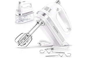 BAIGELONG Hand Electric Mixer, 300W Ultra Power Food Kitchen Mixer with 5 Self-Control Speeds + Turbo Boost, 5 Stainless Stee