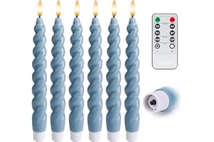 WYZworks 10" Flameless LED Taper Candles – Full Twisted Spiral – Dusty Blue, Set of 6 – Remote, 2/4/6/8-Hr Timer (24-hr Memor