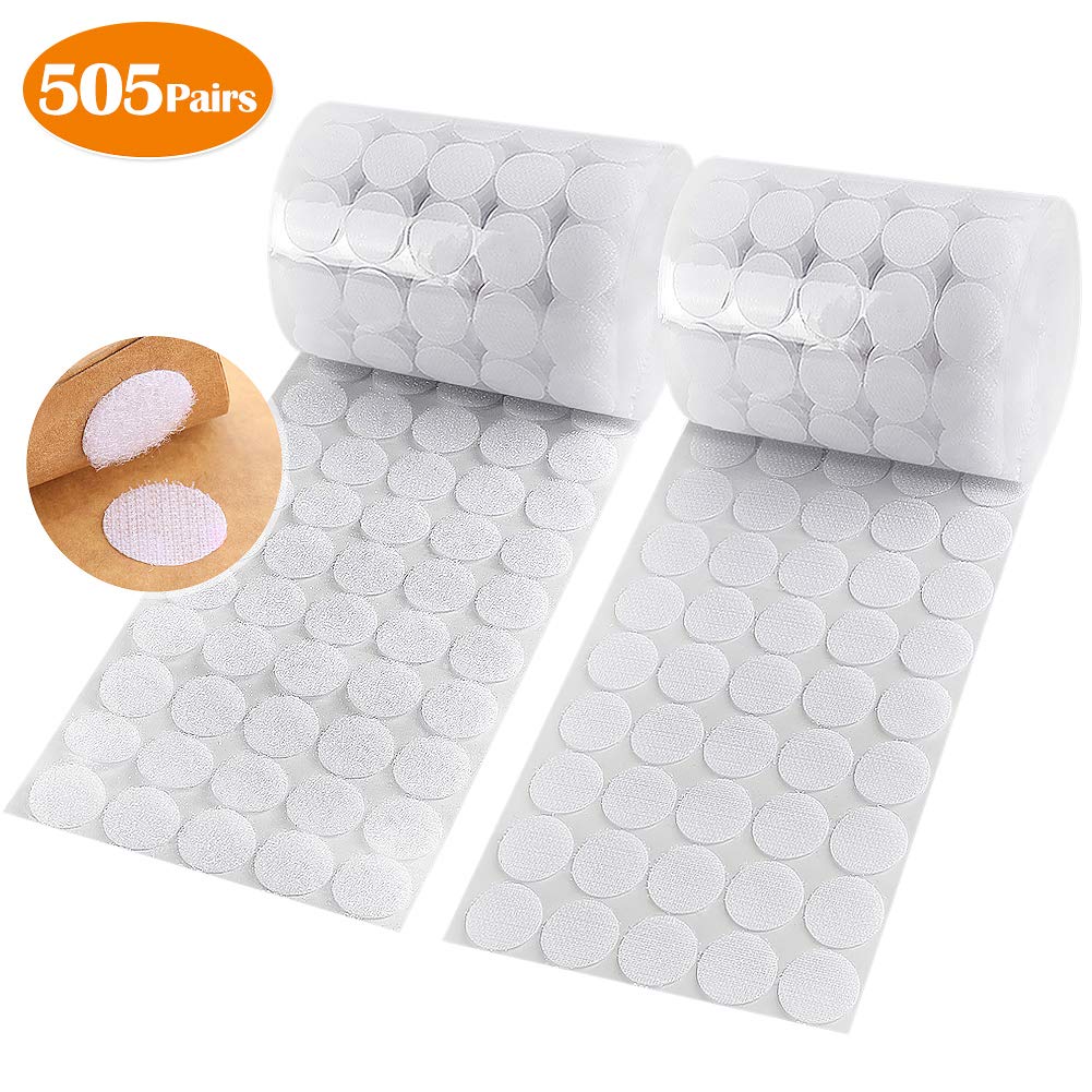 Hook & Loop Sticky Dots 505 Pairs (1,010pcs) - 3/4” Diameter Double Sided Self Adhesive Dots Coins (White)