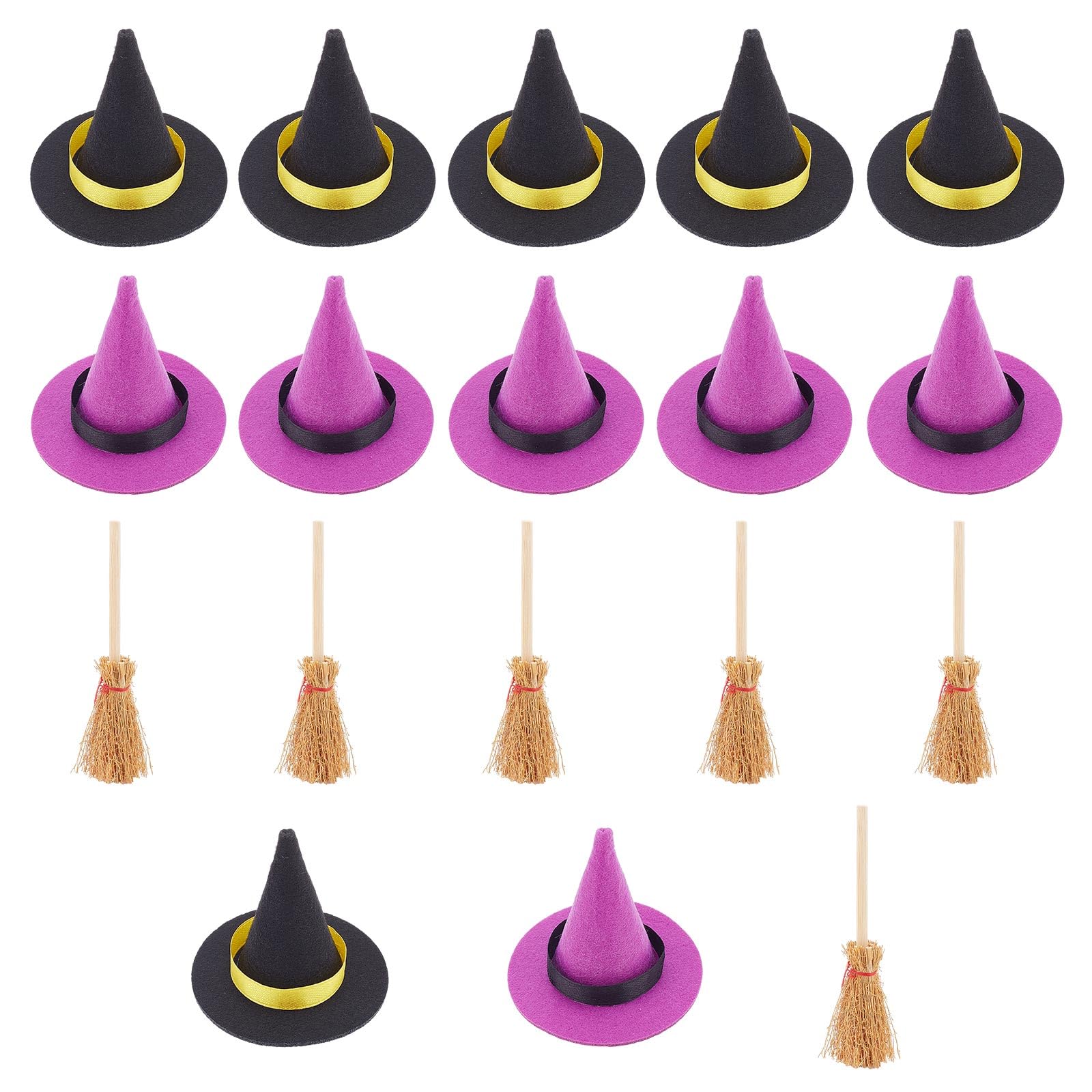 CRASPIRE 12Pcs Mini Witch Hats Halloween 2 Colors Polyester Mini Top Ornament Witch Hat Accessories with 6Pcs Wood Mini Broom Witches for Party Favors DIY Hair Accessories Crafts
