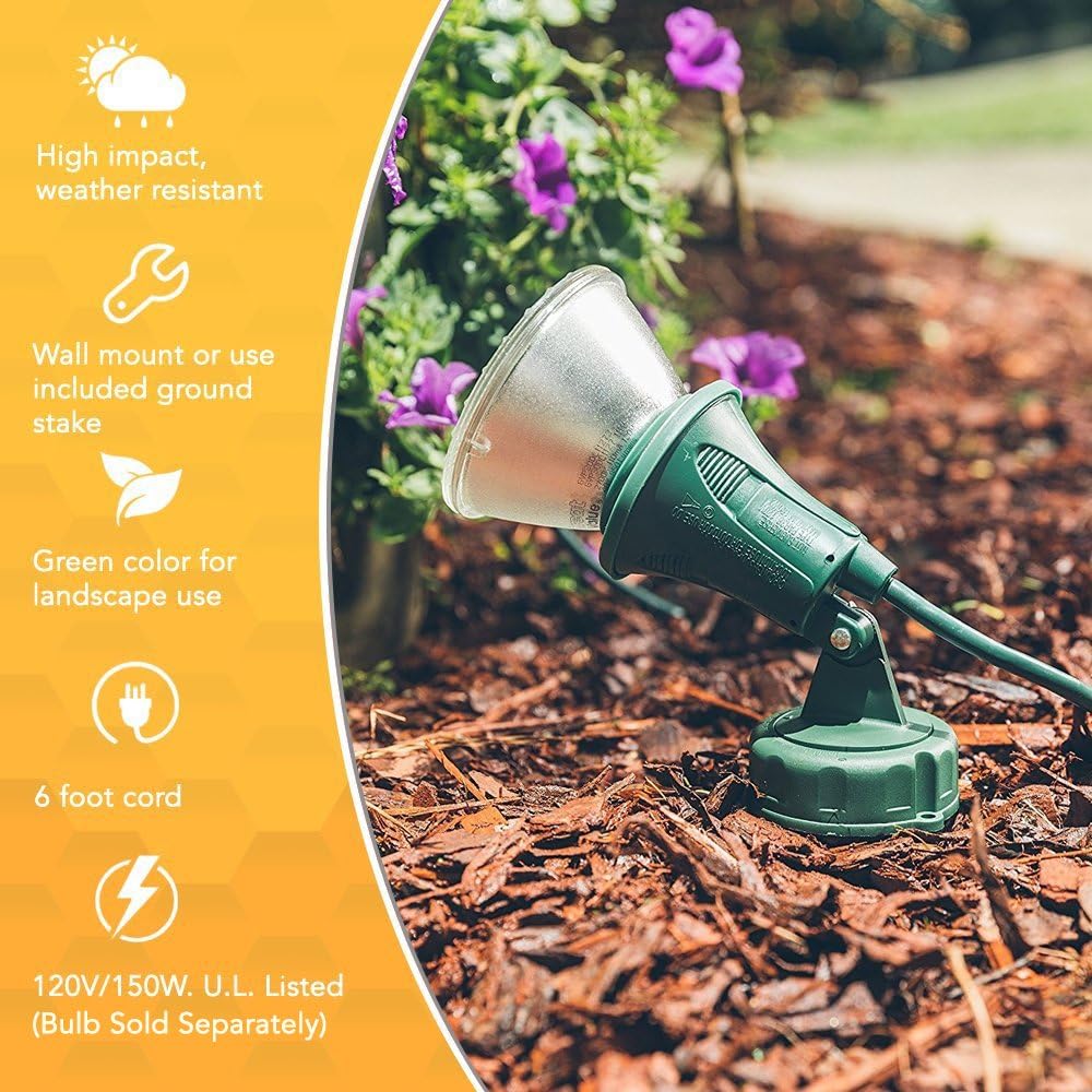 Woods Outdoor Floodlight Fixture With Stake (6-Feet cord, 120V, Green) - Floodlight Holder - 