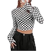 SHENHE Women's Plaid Long Sleeve Mock Neck Lettuce Trim Crop Tee Checkered Fitted Top