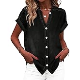 LOZ Women's Casual Denim Shirt V Neck Button Down Short Sleeve Fashion Jean Shirt Tops Loose Spring Summer Shirts