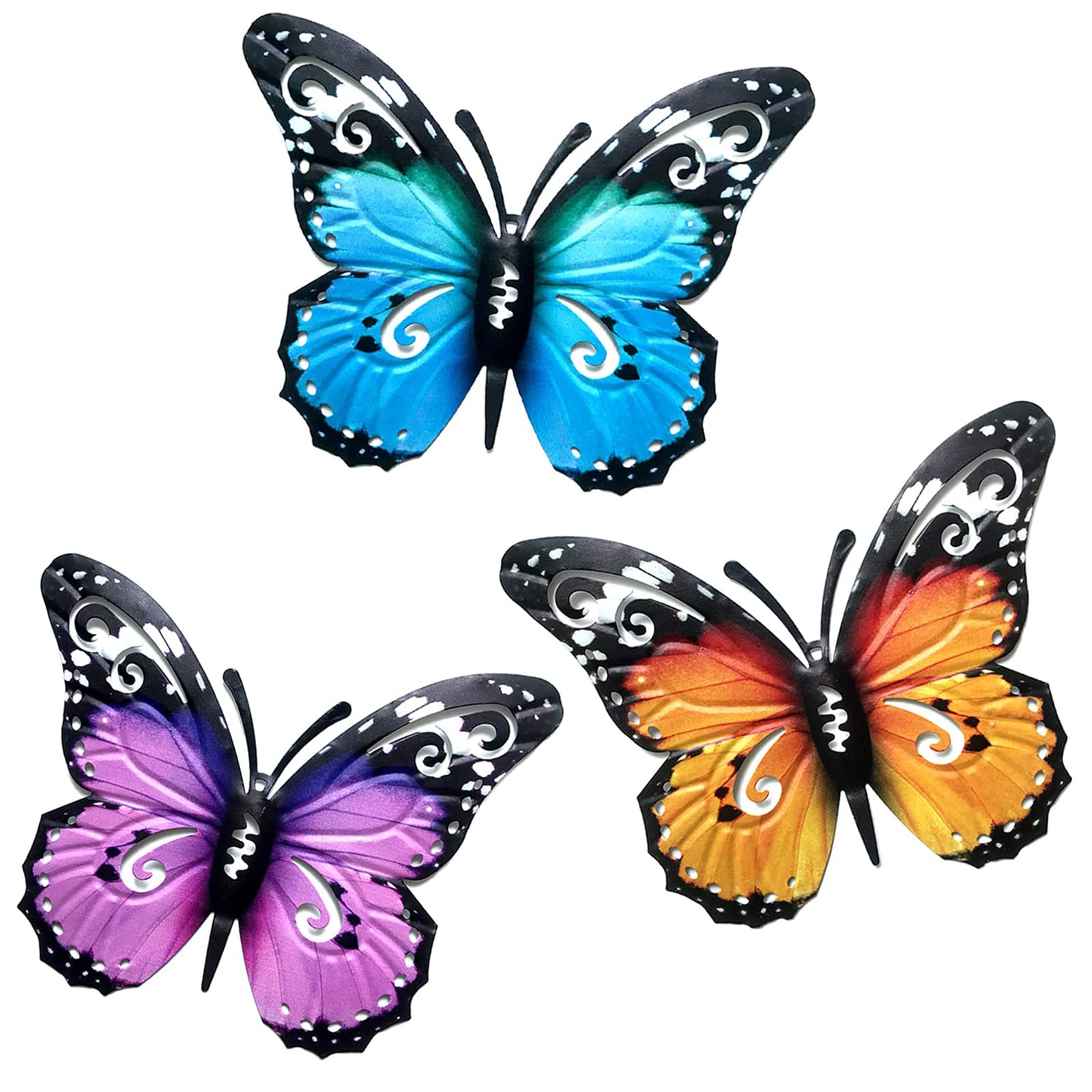 SUNNEKO Large Metal Butterfly Garden Ornaments Outdoor, Metal Wall Art Big Butterfly Decorations for Outside Garden Shed Fences Yard Decorations Wall Hanging (3 PCS)