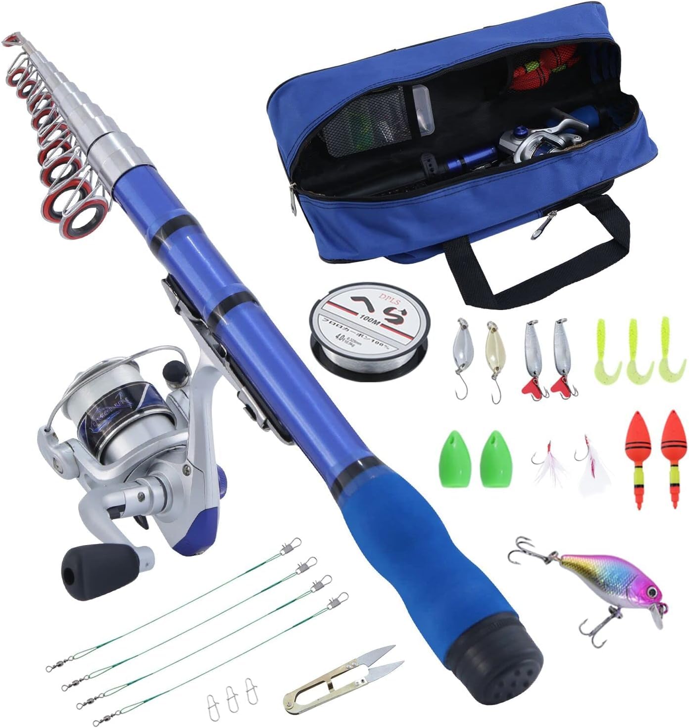 BNTTEAM Mini Spinning Reel & Rod Combos With Telescopic Fishing Rod Reel Lures Fishing Line Set Fishing Combos for Kids/Beginners (BLUE SET-D, 1.2M/47in/3.91ft)