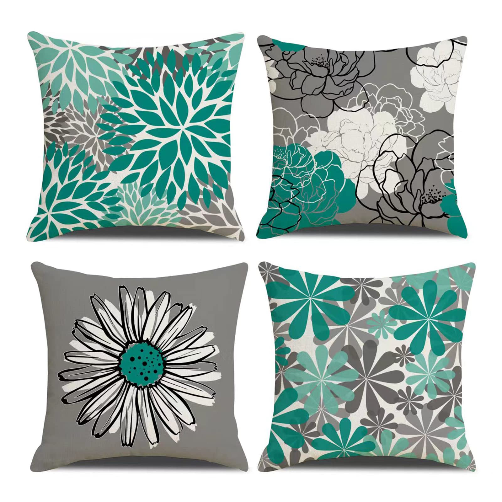 Cushion Covers,Cushion Covers 40 x 40 set of 4 Floral Decorative Square Pillow Cushion Cover Teal Modern Daisy Pillow Cover Grey Decorative Floral Pillow Cover for Outdoor Home Sofa Bedroom Decor — image 1