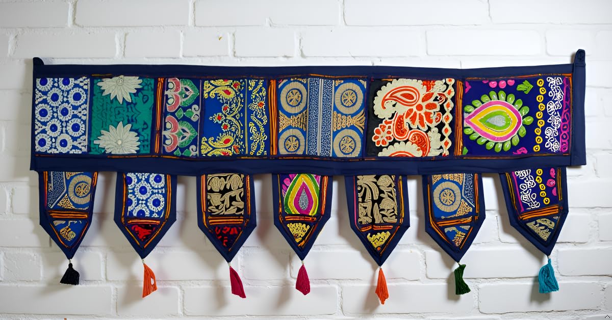 Indian Handmade Traditional Embroidered Toran Cotton Thoranam Door Living Room Decor Bandanwar Home Valance Decorations Window Hanging Bohemian Wall Ethnic Decorative Vintage (Violet, 1 mtr)