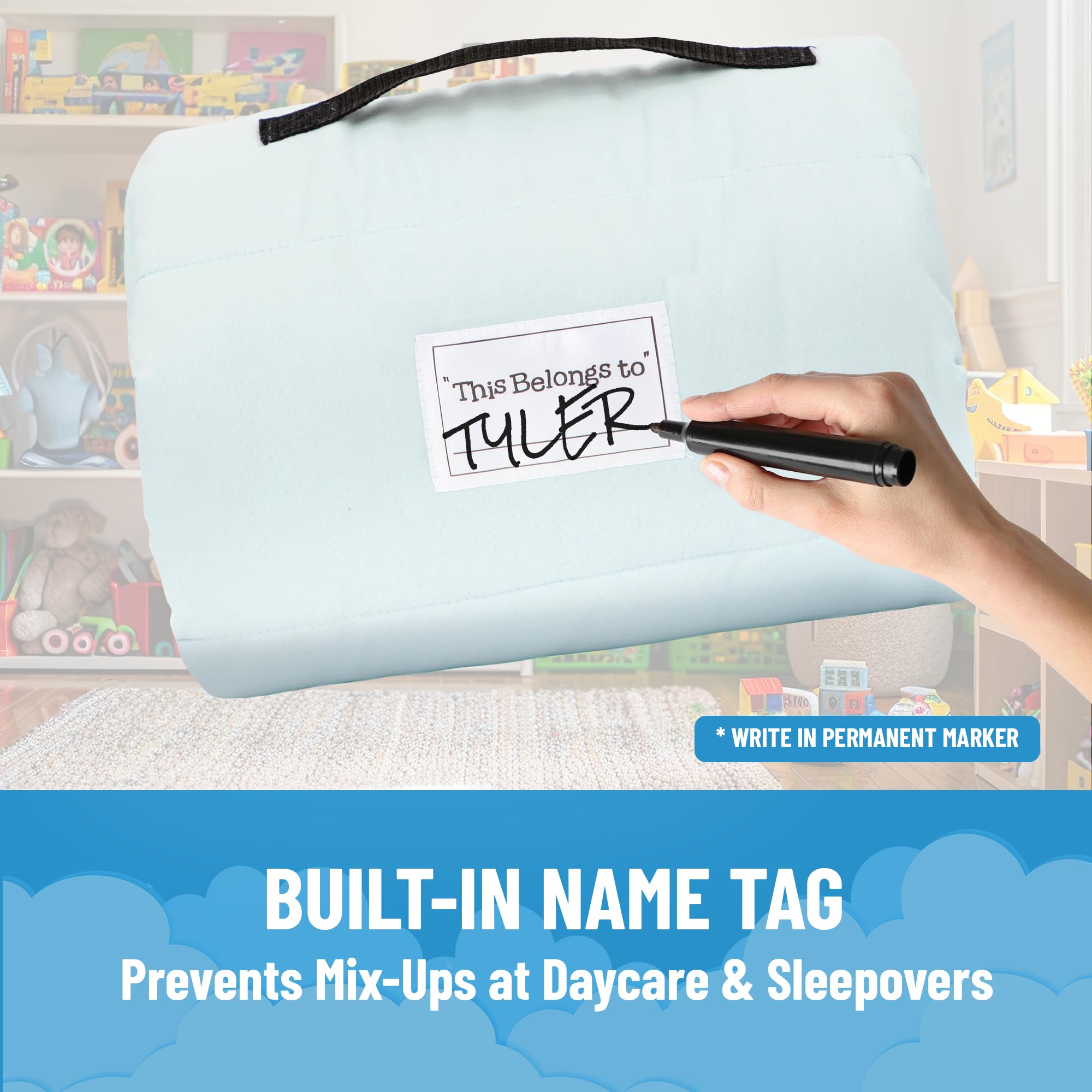 Jay Franco Kids Nap Mat with Embedded Pillow & Blanket – Soft 46"x20" Microfiber Sleeping Bag with Name Tag & Handle for School, Travel, Sleepover, Blue - Bluey - view 5