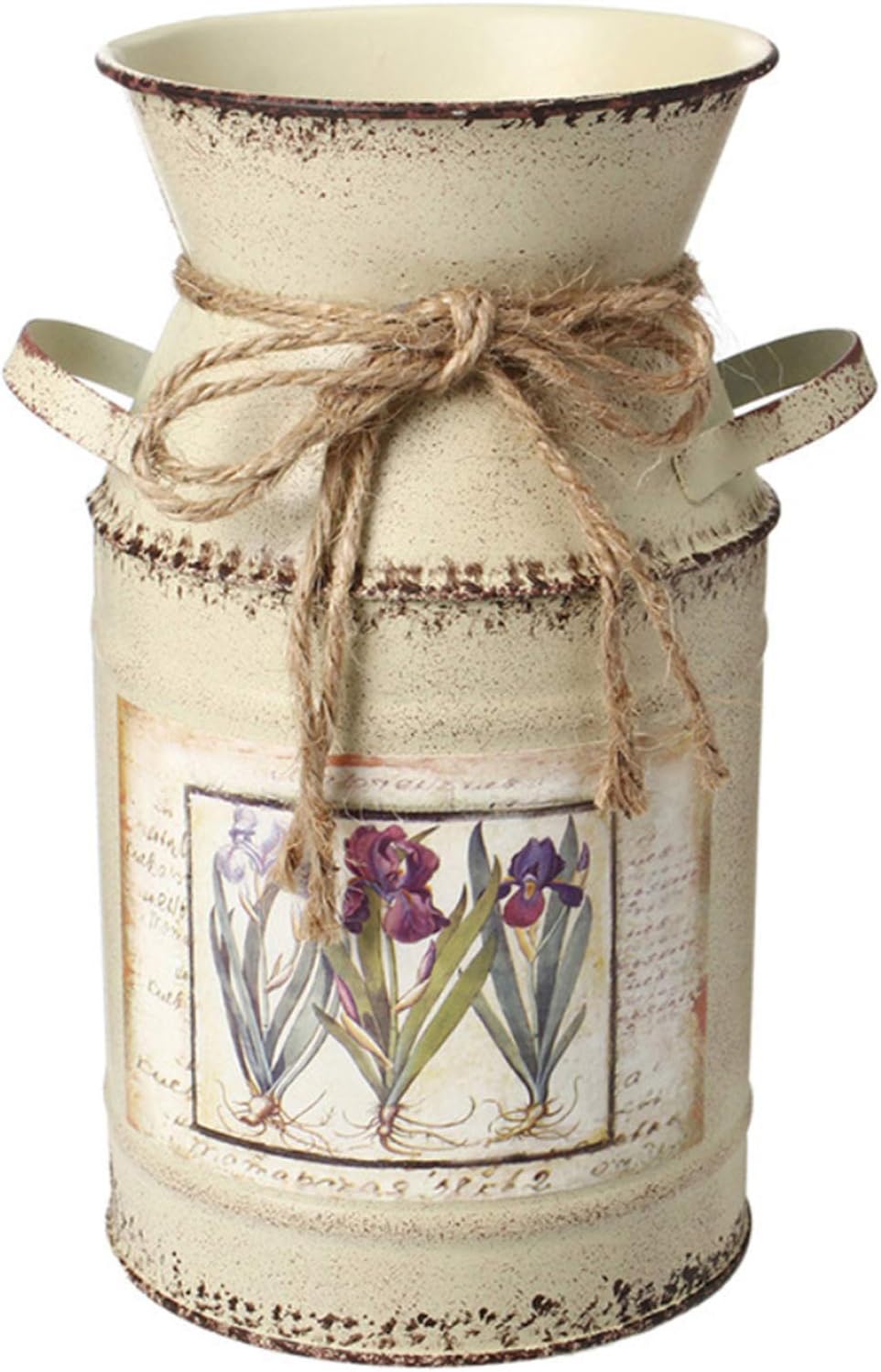 HIDERLYS 7.5" High Rustic Decorative Vase with Flower Pattern and Rope Design, Metal Milk Can Country Jug for Living Room, Bedroom, Kitchen (Beige)