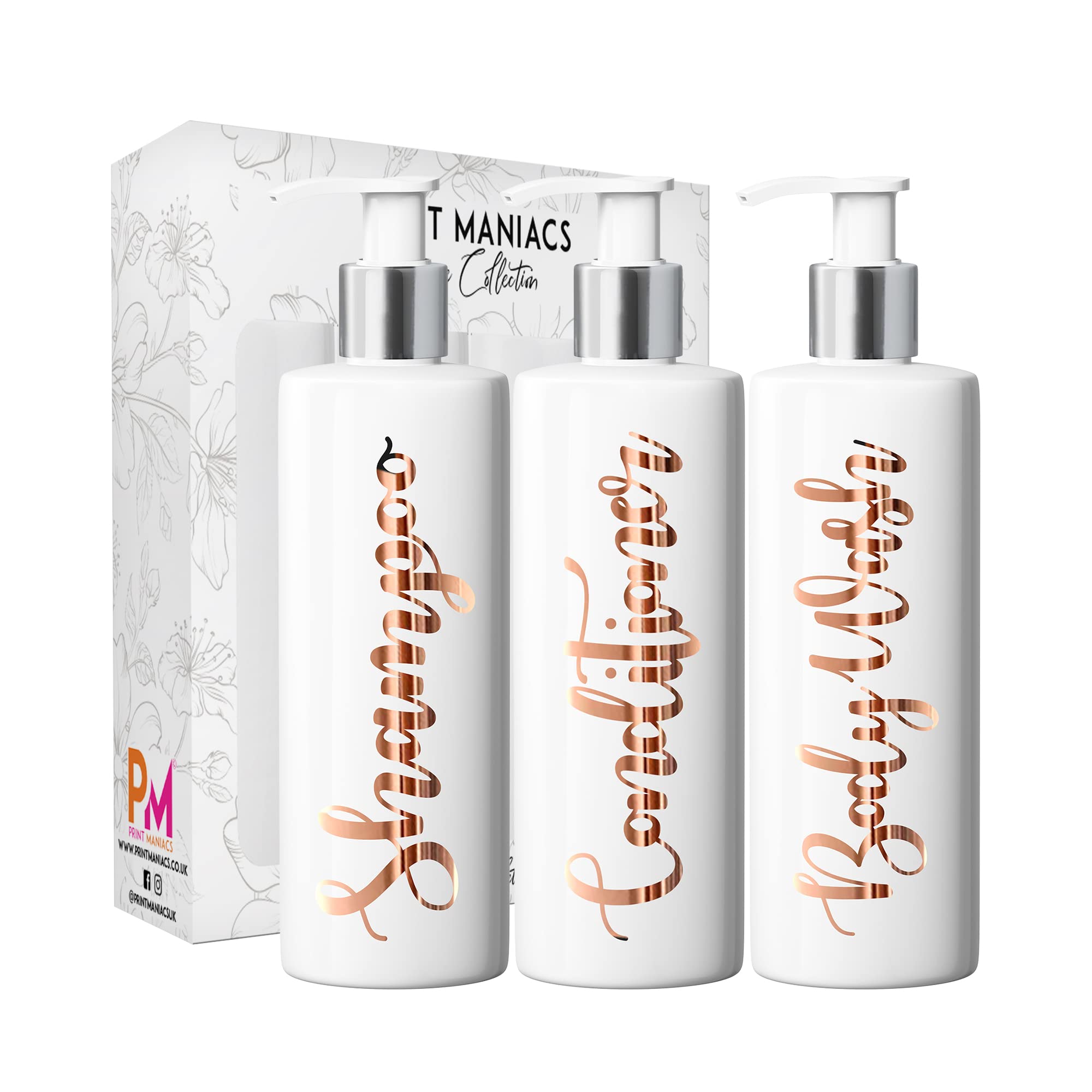 Print Maniacs 3 Set Mrs Hinch Inspired White Personalised Dispenser Pump Bottles Shampoo Conditioner Body Wash (Copper)