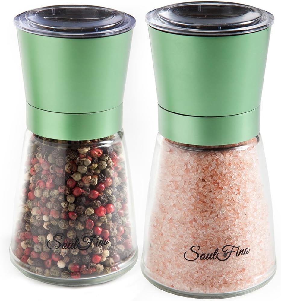 Premium Salt and Pepper Grinder Shaker Set. Anodized Stainless Steel in Vivid Color. 5.35" Tall. 5.6 Oz. Adjustable Ceramic Rotor. Salt Mill & Pepper Mill. Recipe EBook Included. Green