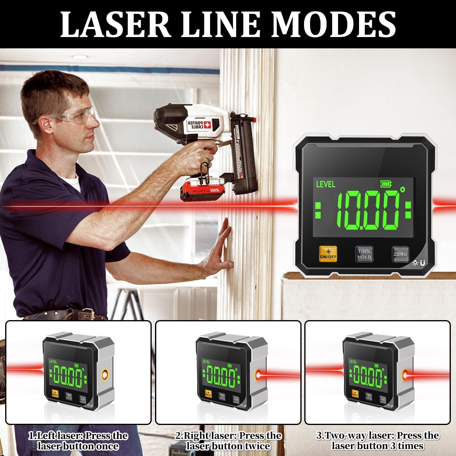 Digitaler Winkelmesser mit Laser, 4-seitig Magnetisch mit LCD Display, Type-C Schnittstelle IP54 Wasserdicht, ±0,2° Präzision Inklinometer für BAU, Maschinen, DIY Arbeiten 3