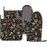 Mushroom Oven Mitts Pot Holders Set Silicone Vintage Magic Leaf Kitchen Gloves Potholders Heat Resistant for Chef Baking Cooking Grilling BBQ 4 Pack Mitt