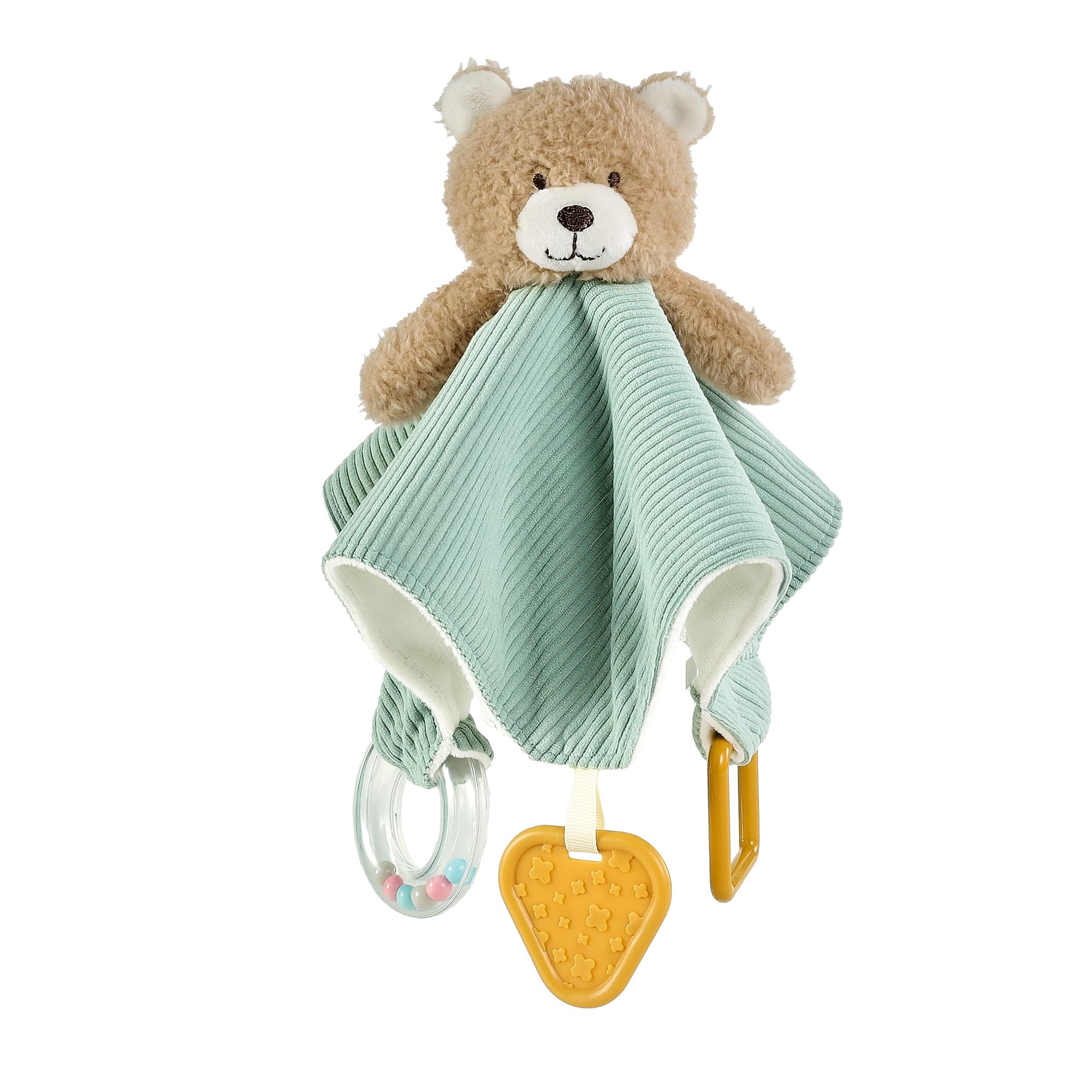 CREVENT 3-in-1 Baby Lovey Blanket with Teether & Rattle | Plush Chewable Animal Head Security Blanket, Birthday Gift - Blue Bear