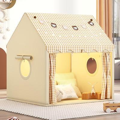MUHMUH Children's Tent Playhouse with Star Lights Beige Indoor Outdoor Teepee