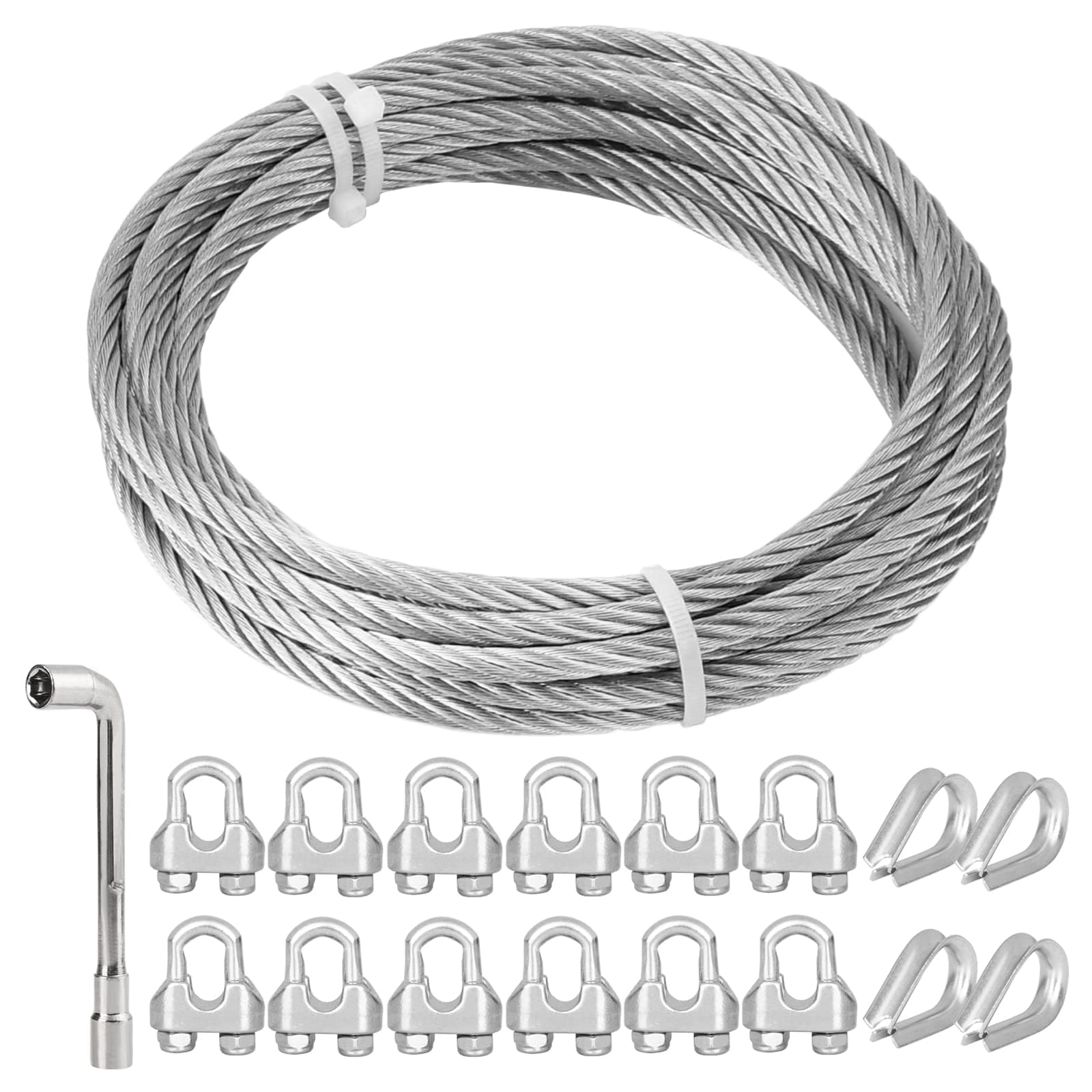 TooTaci 6mm Steel Wire Rope, 5M/6mm Stainless Steel Wire Cable 7×19 Strands, with M6 Clamps, Heavy Duty Aircraft Cable for Outdoor Pulley Systems,Clothesline Kit,Hanging Indoor Outdoor