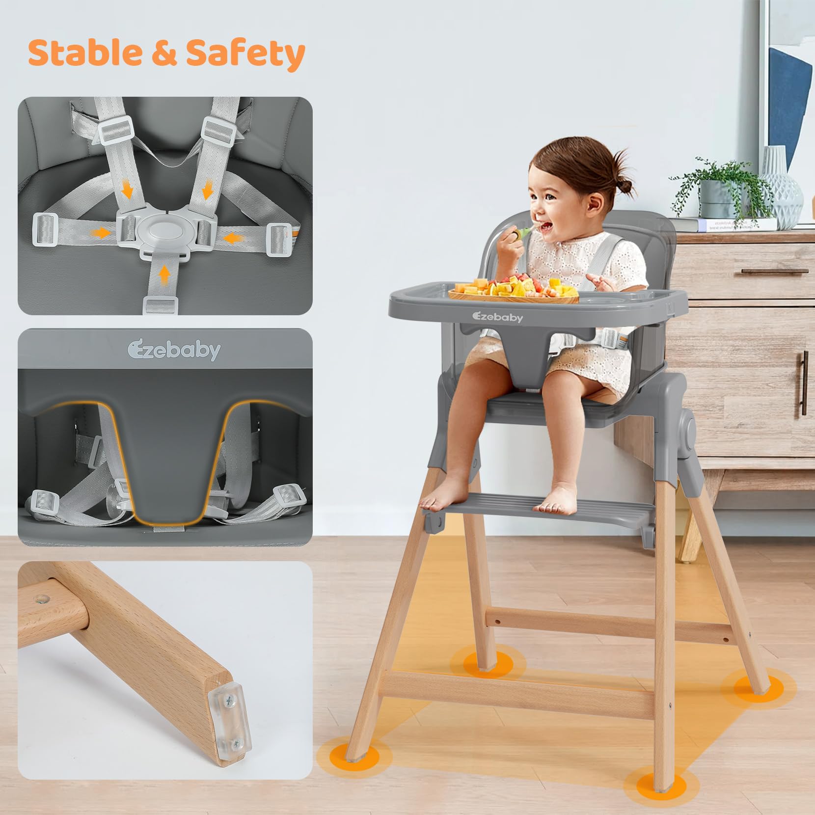 Ezebaby Foldable Wooden High Chairs, 3-in-1 Convertible Baby High Chair, Dining Booster Seat, Toddler Chair, Easy Clean High Chairs for Babies and Toddlers with Large Adjustable Tray- Transparent Gray