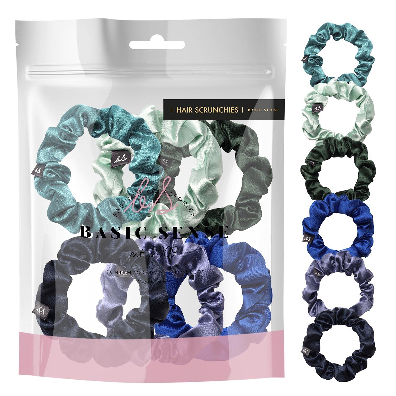 Basic Sense Skinny Satin Hair Scrunchies for Fine Hair, Snag-Free, Strong Hold, A set of 6pcs, Blue Assortment