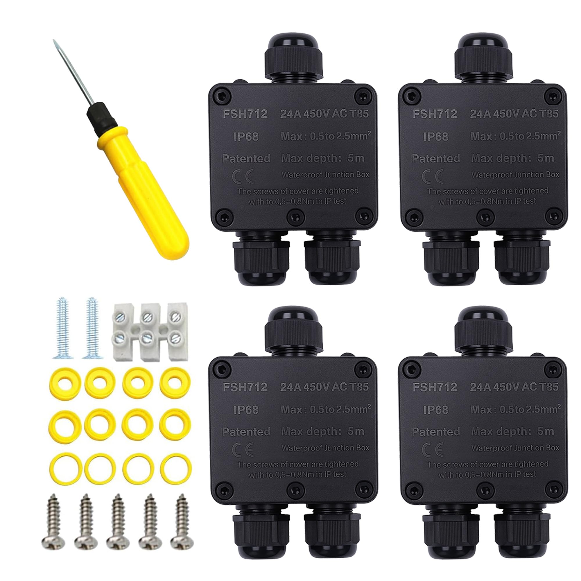 Junction Box Waterproof: 3-Way Junction Box IP68 Outdoor Waterproof Junction Box for Wire Range 5 mm - 15 mm Pack of 4