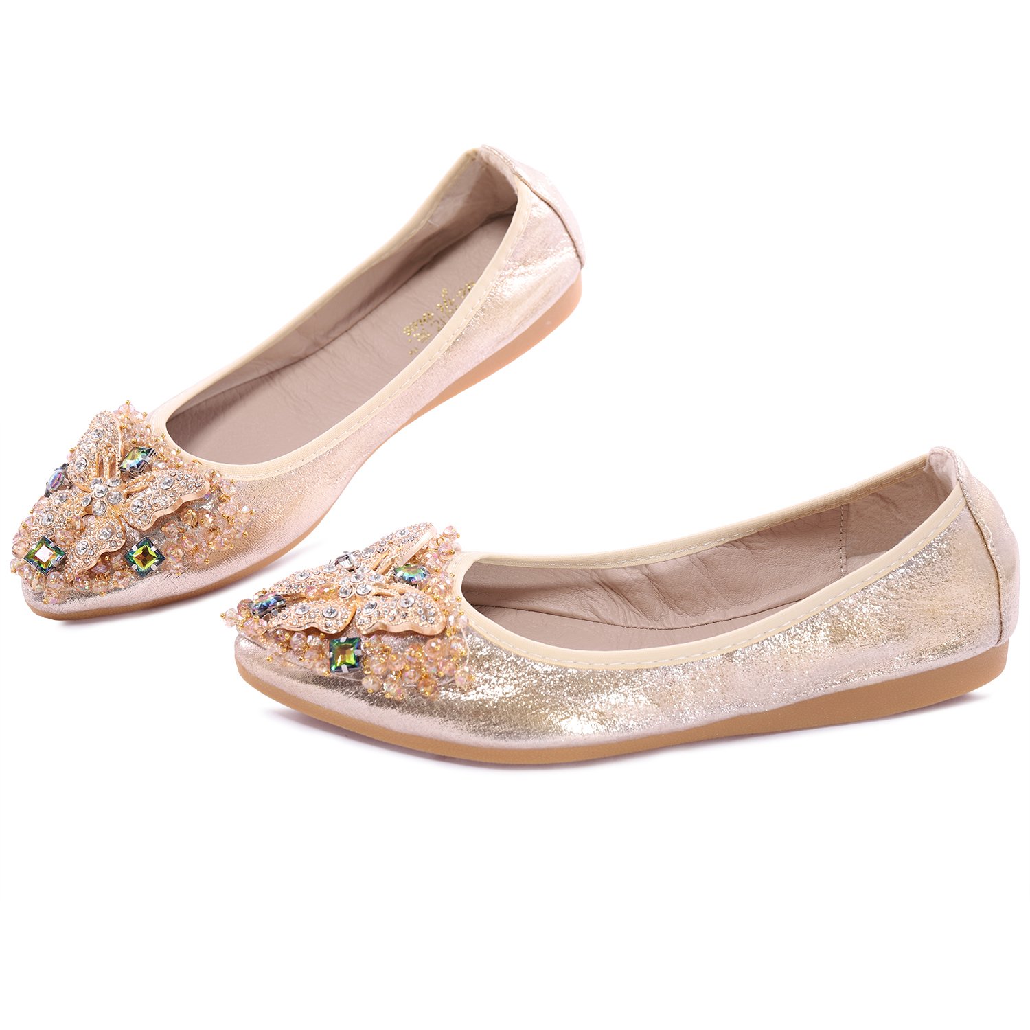 VYKF Womens Ballet Flats Foldable Rhinestone Pointed Toe Comfortable Slip on Wedding Flat Shoes Dress Flats for Women - Image 3
