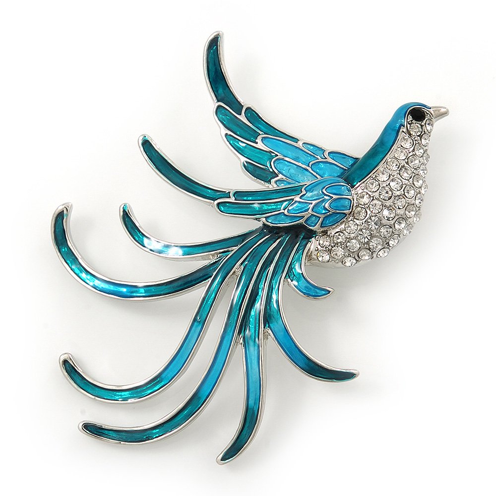 Teal/Light Blue Enamel Crystal Exotic Bird Brooch In Rhodium Plating - 65mm Across