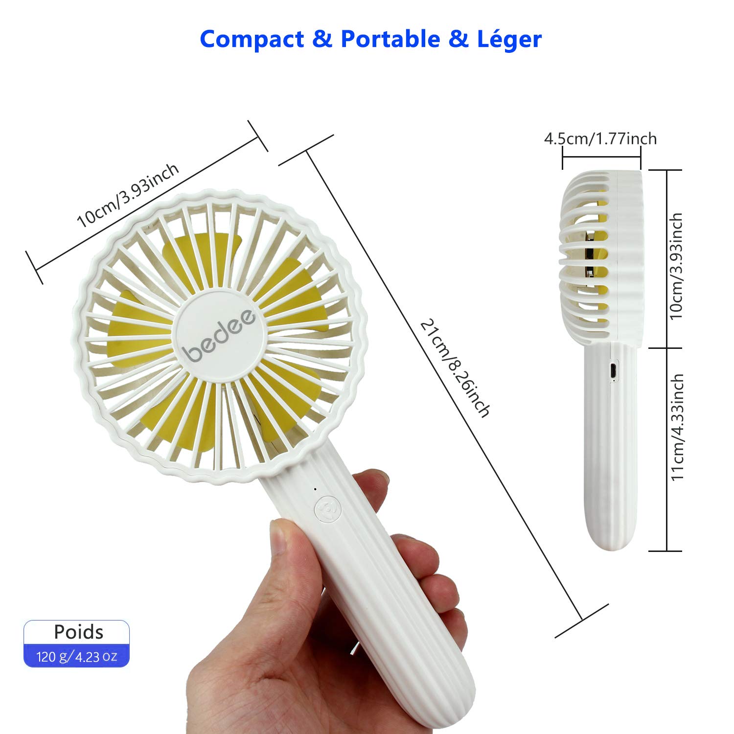 bedee Mini Ventilateur Portable, USB Rechargeable, 3 Vitesse Réglable, Petit, Léger, Li-ION 1200 mAh, Ventilateur à Main Silencieux Détachable Idéal pour Table PC Chambre Bureau De Plein Air Voyage