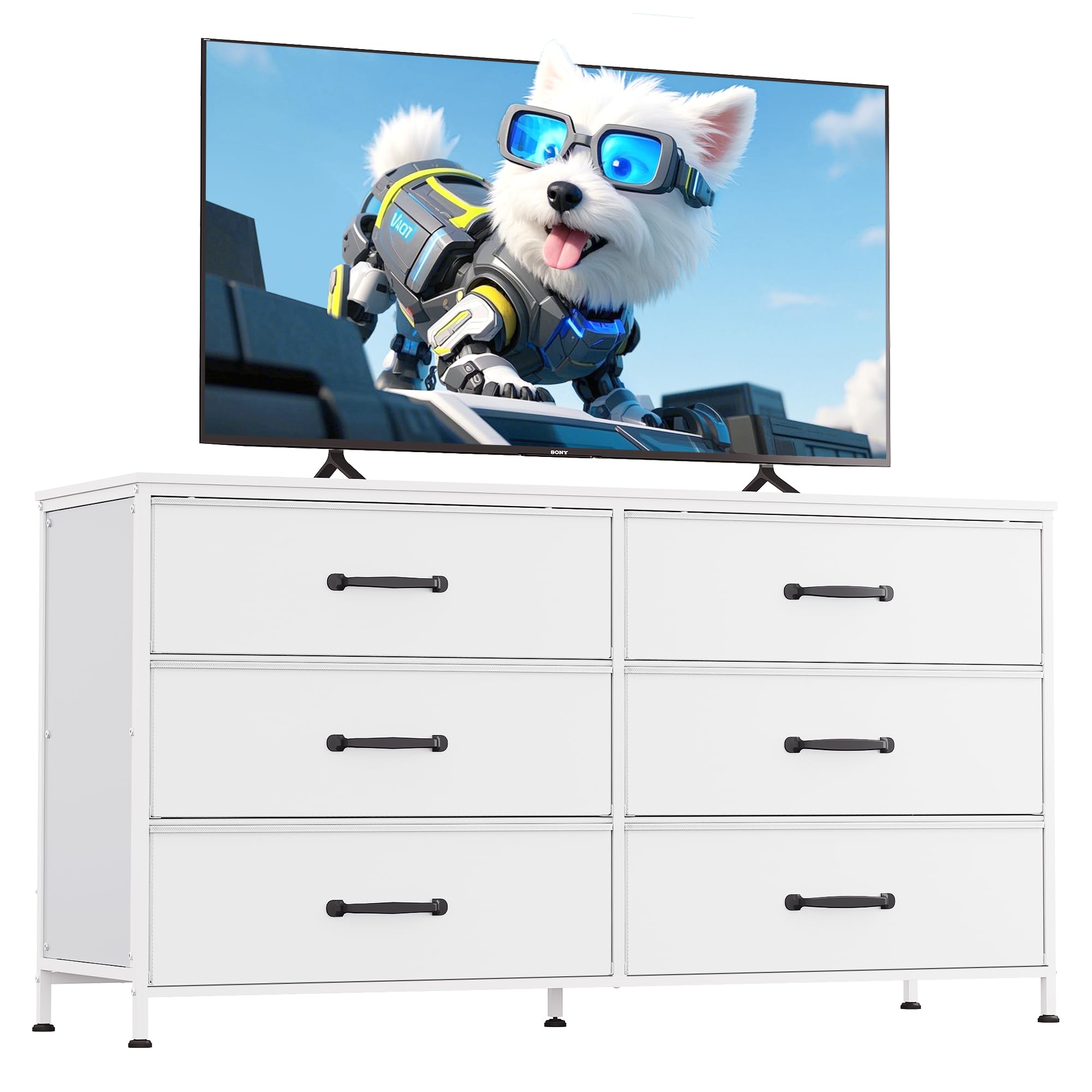 Photo 1 of **MISSING A BLACK FLOOR STOPPER ON ONE CORNER**WLIVE 6 Drawer Dresser for Bedroom Large, Fabric White Dresser TV Stand for 50, 55, 60 inch TV, Wide Long Chest of Drawers with Deep Drawer for Closet, Bedroom, Living Room, Hallway
