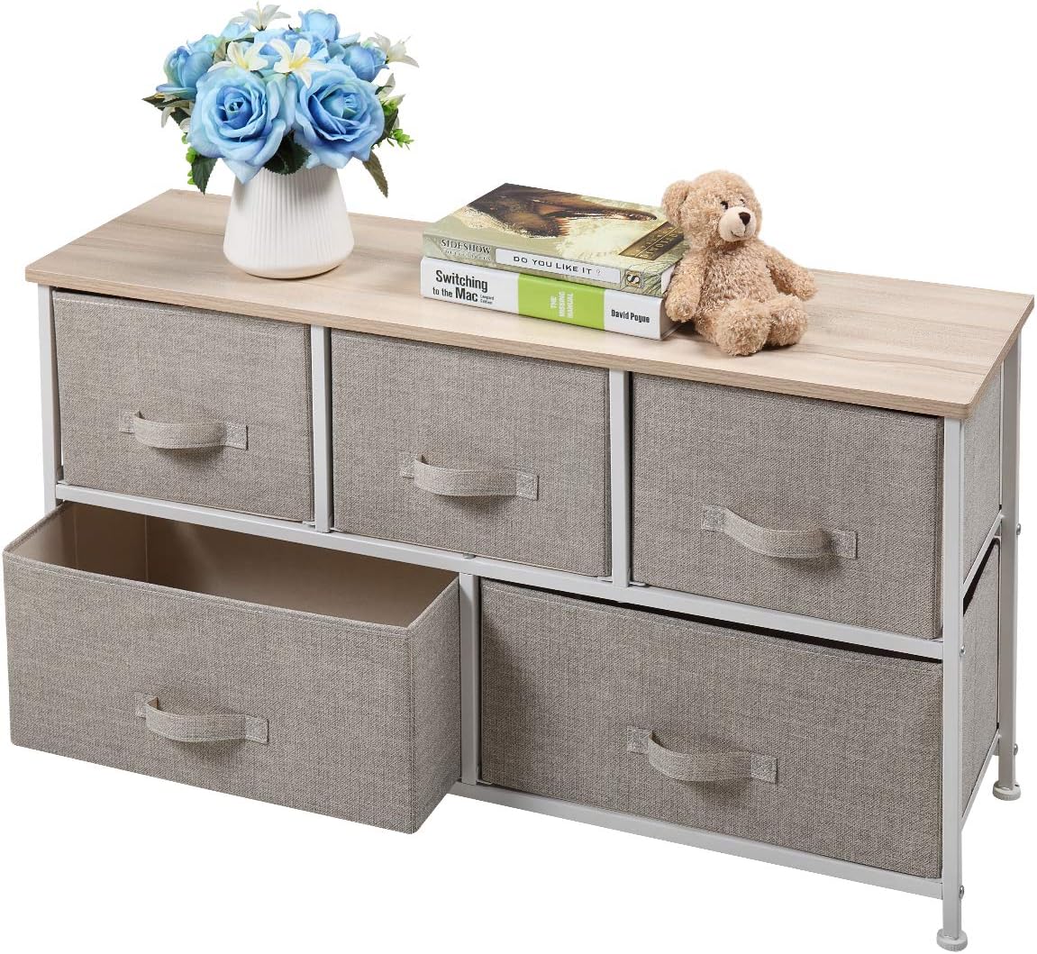 JAXPETY 5-Drawer Fabric Dresser Storage Tower, 2-Tier Storage Chest Cabinet, Organizer Unit for Bedroom, Hallway, Closet, Office Furniture- Wood Top, Steel Frame (Beige/White)