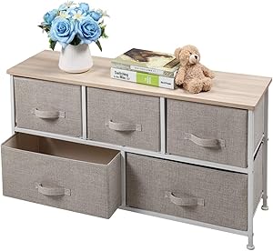 JAXPETY 5-Drawer Fabric Dresser Storage Tower, 2-Tier Storage Chest Cabinet, Organizer Unit for Bedroom, Hallway, Closet, Office Furniture- Wood Top, Steel Frame (Beige/White)
